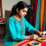 ** A Pakistani woman in a vibrant, fully clothed shalwar kameez, working on intricate embroidery in a brightly lit home workshop, surrounded by colorful fabrics and thread spools. Safe for work, appropriate content, professional, modest clothing, perfect anatomy, correct proportions, natural pose, well-formed hands, proper finger count, natural body proportions, high quality.

**